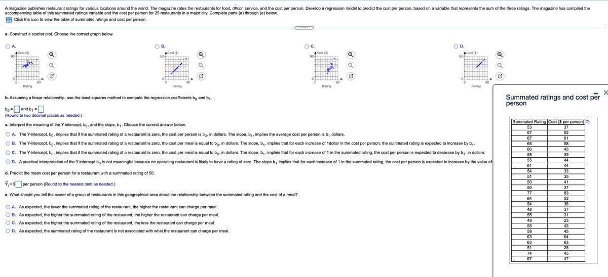 A magazine publishes restaurant ratings for various locations around the world. The magazine rates the restaurants for food, decor, service, and the cost per person. Develop a regression model to predict the cost per person, based on a variable that represents the sum of the three ratings. The magazine has compiled the
accompanying table of this summated ratings variable and the cost per person for 25 restaurants in a major city. Complete parts (a) through (e) below.
Click the icon to view the table of summated ratings and cost per person.
a. Construct a scatter plot. Choose the correct graph below.
O A.
Ов.
OC.
OD.
ACost ($)
90-
Q
A Cost ($)
904
A Cost ($)
90-
ACost ($)
90-
0-
0-
0-
0-
90
Rating
90
Rating
90
90
Rating
Rating
Summated ratings and cost per
person
b. Assuming a linear relationship, use the least-squares method to compute the regression coefficients bo and b,.
bo =D and b, =O
(Round to two decimal places as needed.)
Summated Rating Cost ($ per person)|9
c. Interpret the meaning of the Y-intercept, bo, and the slope, b,. Choose the correct answer below.
53
37
67
52
A. The Y-intercept, bo, implies that if the summated rating of a restaurant is zero, the cost per person is bo, in dollars. The slope, b,, implies the average cost per person is b, dollars.
67
61
O B. The Y-intercept, bo, implies that if the summated rating of a restaurant is zero, the cost per meal is equal to bo, in dollars. The slope, b, , implies that for each increase of 1dollar in the cost per person, the summated rating is expected to increase by b,.
66
58
1:
66
45
OC. The Y-intercept, bo, implies that if the summated rating of a restaurant is zero, the cost per meal is equal to bo, in dollars. The slope, b1, implies that for each increase of 1 in the summated rating, the cost per person is expected to decrease by b,, in dollars.
58
39
55
44
O D. A practical interpretation of the Y-intercept bo is not meaningful because no operating restaurant is likely to have a rating of zero. The slope b, implies that for each increase of 1 in the summated rating, the cost per person is expected to increase by the value of
61
44
54
33
d. Predict the mean cost per person for a restaurant with a summated rating of 50.
51
35
50
41
= $ per person (R
to the nearest cent as needed.)
50
37
77
83
e. What should you tell the owner of a group of restaurants in this geographical area about the relationship between the summated rating and the cost of a meal?
64
52
54
38
A. As expected, the lower the summated rating of the restaurant, the higher the restaurant can charge per meal.
48
37
O B. As expected, the higher the summated rating of the restaurant, the higher the restaurant can charge per meal.
55
31
48
23
C. As expected, the higher the summated rating of the restaurant, the less the restaurant can charge per meal.
55
43
O D. As expected, the summated rating of the restaurant is not associated with what the restaurant can charge per meal.
58
45
63
64
63
63
51
28
74
45
67
47
