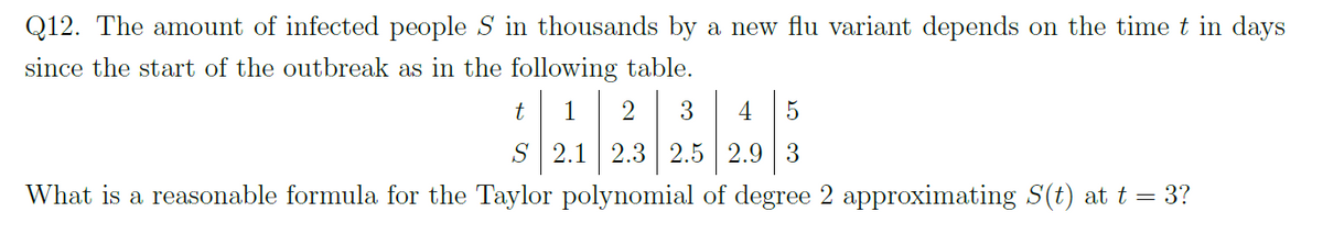 Q12. The amount of infected people S in thousands by a new flu variant depends on the time t in days
since the start of the outbreak as in the following table.
t
1
3
4
S 2.1 2.3 2.5 2.9 3
What is a reasonable formula for the Taylor polynomial of degree 2 approximating S(t) at t = 3?
