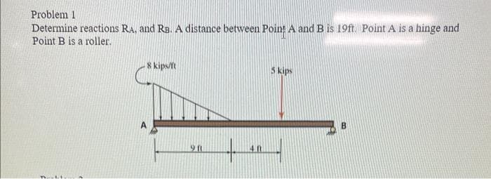 Problem 1
Determine reactions RA, and RB. A distance between Point A and B is 19ft. Point A is a hinge and
Point B is a roller.
-8 kips/ft
9.11
40
5 kips
B