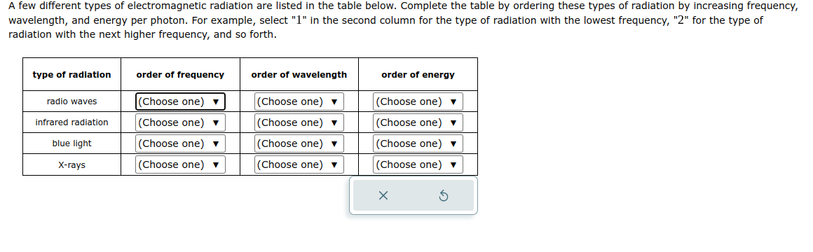 A few different types of electromagnetic radiation are listed in the table below. Complete the table by ordering these types of radiation by increasing frequency,
wavelength, and energy per photon. For example, select "1" in the second column for the type of radiation with the lowest frequency, "2" for the type of
radiation with the next higher frequency, and so forth.
type of radiation
radio waves
infrared radiation
blue light
X-rays
order of frequency
(Choose one) ▼
(Choose one) ▼
(Choose one) ▼
(Choose one) ▼
order of wavelength
(Choose one) ▼
(Choose one) ▼
(Choose one) ▼
(Choose one) ▼
order of energy
(Choose one) ▼
(Choose one) ▼
(Choose one) ▼
(Choose one) ▼
X