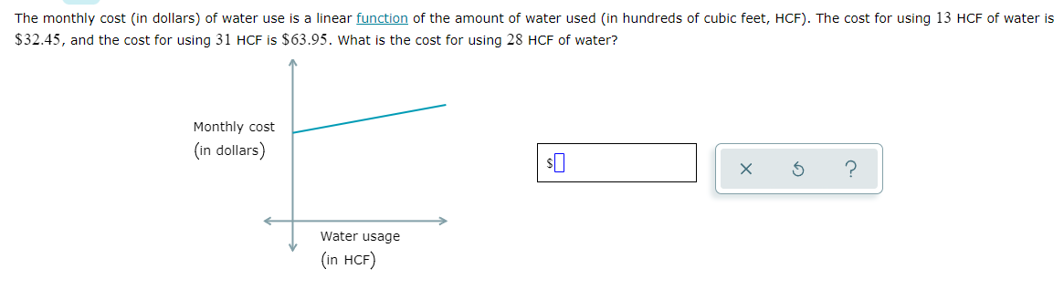 The monthly cost (in dollars) of water use is a linear function of the amount of water used (in hundreds of cubic feet, HCF). The cost for using 13 HCF of water is
$32.45, and the cost for using 31 HCF is $63.95. What is the cost for using 28 HCF of water?
Monthly cost
(in dollars)
Water usage
(in нCF)
