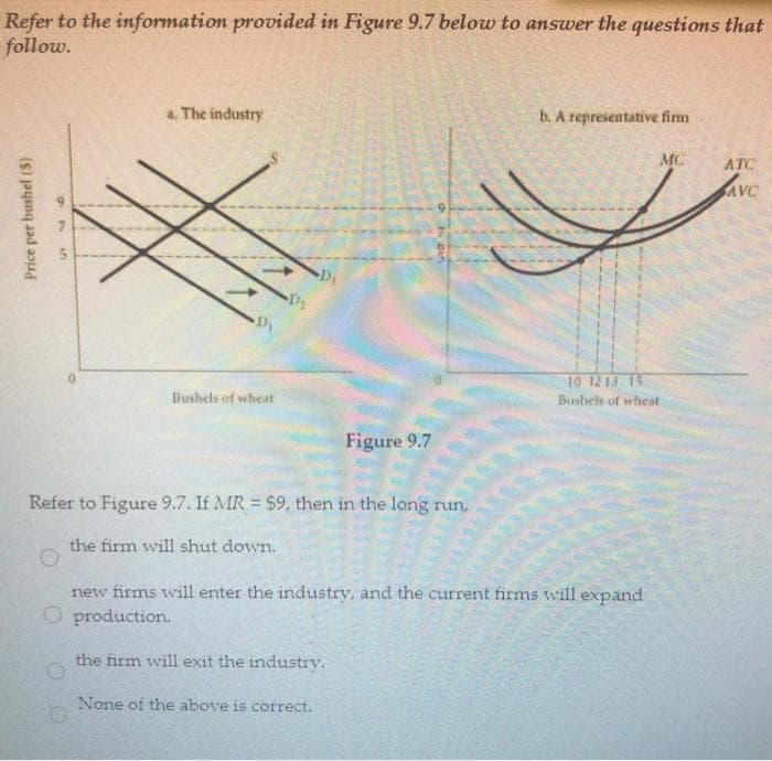 Refer to the information provided in Figure 9.7 below to answer the questions that
follow.
Price per bushel (S)
26 an
a. The industry
D₁
Bushels of wheat
D₁
D₁
Figure 9.7
Refer to Figure 9.7. If MR = $9, then in the long run,
the firm will shut down.
b. A representative firm
MC
10 1213 15
Bushels of wheat
new firms will enter the industry, and the current firms will expand
O production.
the firm will exit the industry.
None of the above is correct.
ATC
AVC