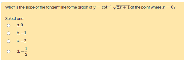 What is the slope of the tangent line to the graph of y = cot-1 V2x +Iat the polnt where z = 0?
