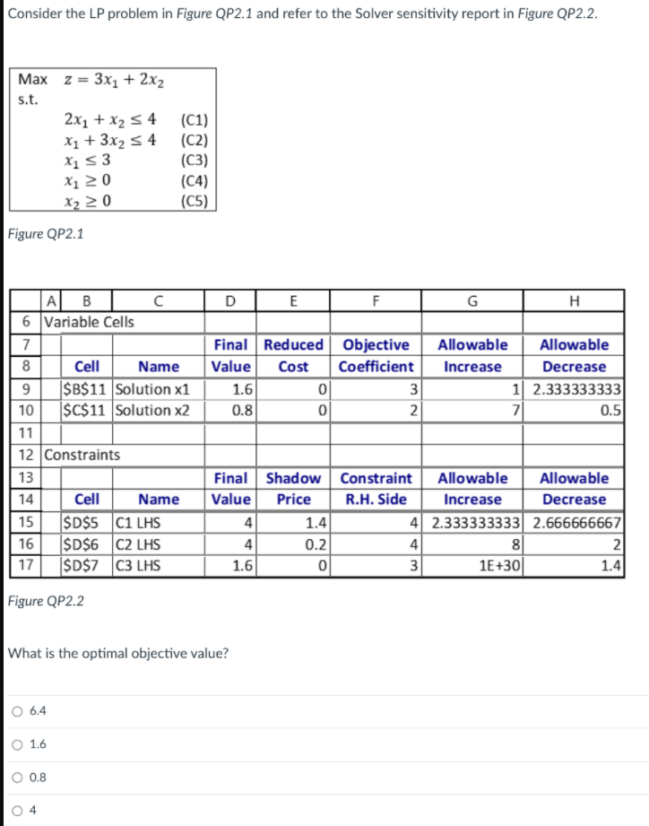 Consider the LP problem in Figure QP2.1 and refer to the Solver sensitivity report in Figure QP2.2.
Мах z 3D Зx, + 2х2
s.t.
2x1 + x2 5 4
x1 + 3x2 < 4 (C2)
X1 53
X1 2 0
X2 2 0
(C1)
(С3)
(C4)
(C5)
Figure QP2.1
A B
6 Variable Cells
D
E
F
G
H
7
Final Reduced Objective
Allowable
Allowable
8
Cell
Name
Value
Cost
Coefficient
Increase
Decrease
|SB$11 Solution x1
SC$11 Solution x2
1 2.333333333
7
1.6
3
10
0.8
2
0.5
11
12 Constraints
13
Final Shadow Constraint
Allowable
Allowable
14
Cell
Name
Value
Price
R.H. Side
Increase
Decrease
SD$5 C1 LHS
SD$6 C2 LHS
|SD$7 C3 LHS
15
4
1.4
4 2.333333333 2.666666667
16
4
0.2
4
8
17
1.6
1E+30
1.4
Figure QP2.2
What is the optimal objective value?
O 6.4
O 1.6
0.8
3.
