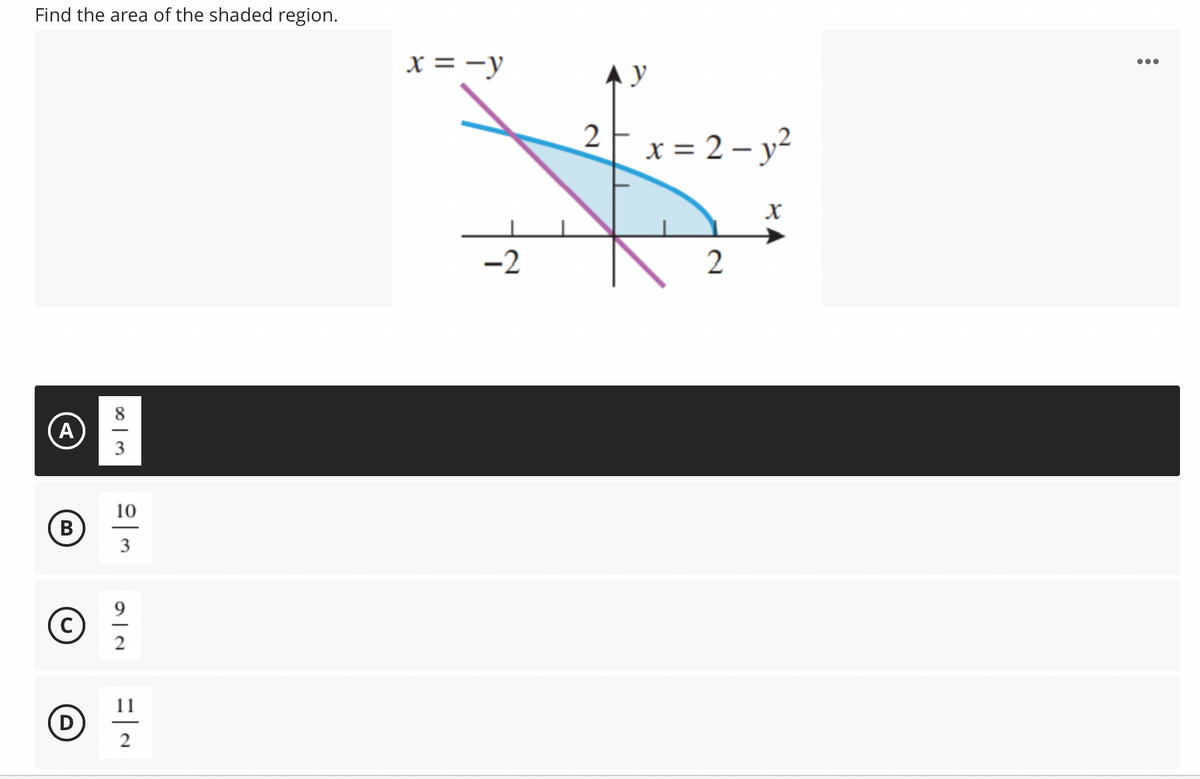 Find the area of the shaded region.
x = -y
y
2
x = 2 – y²
-2
A)
3
3
2
2.
