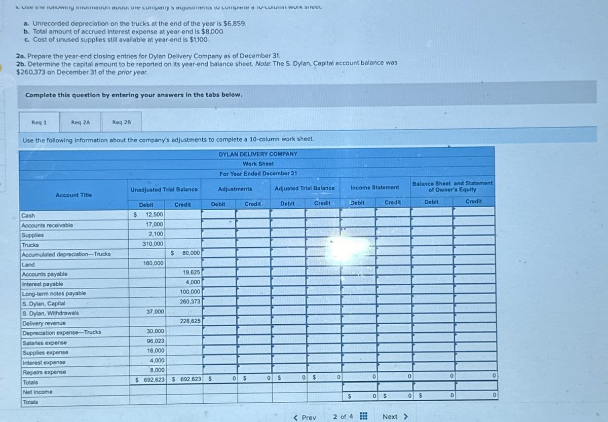 1. Use the HUWING Uaun dubut the company's dujustments to complete a to-CoIUITI WUIK STEEL
a. Unrecorded depreciation on the trucks at the end of the year is $6,859.
b. Total amount of accrued interest expense at year-end is $8,000.
c. Cost of unused supplies still available at year-end is $1,100.
2a. Prepare the year-end closing entries for Dylan Delivery Company as of December 31.
2b. Determine the capital amount to be reported on its year-end balance sheet. Note: The S. Dylan, Capital account balance was
$260,373 on December 31 of the prior year.
Complete this question by entering your answers in the tabs below.
Req 1
Req 2A
Req 2B
Use the following information about the company's adjustments to complete a 10-column work sheet.
DYLAN DELIVERY COMPANY
Work Sheet
For Year Ended December 31
Balance Sheet and Statement
Unadjusted Trial Balance
Adjustments
Account Title
Debit
Credit
Debit
Credit
Adjusted Trial Balance
Debit
Income Statement
Credit
Debit
Credit
Debit
of Owner's Equity
Credit
Cash
$ 12,500
Accounts receivable
17,000
Supplies
2,100
Trucks
310,000
Accumulated depreciation-Trucks
$ 80,000
Land
160,000
Accounts payable
19,625
Interest payable
4,000
Long-term notes payable
100,000
S. Dylan, Capital
260,373
S. Dylan, Withdrawals
37,000
Delivery revenue
228,625
Depreciation expense-Trucks
30,000
Salaries expense
96,023
Supplies expense
16,000
Interest expense
4,000
Repairs expense
8,000
Totals
$ 692,623 $ 692,623 $
0
$
0
$
0 $
0
0
0
0
0
Net Income
Totals
$
0
$
0
0
0
< Prev
2 of 4
Next >