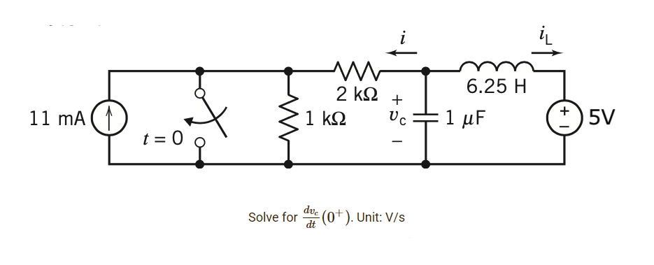 "9.00-
t = 0
11 mA
M
2 ΚΩ
1 ΚΩ
+
Uc
Solve for d (0+). Unit: V/s
dve
dt
6.25 H
: 1 μF
+
5V