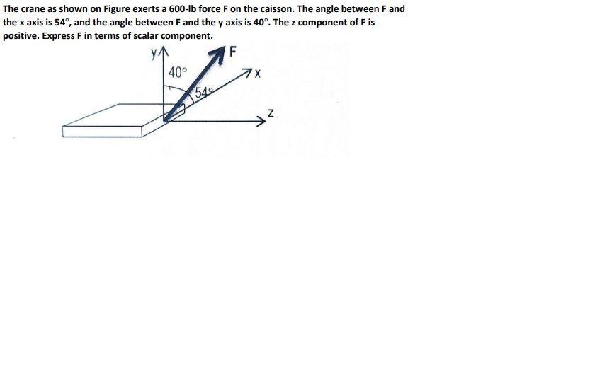 The crane as shown on Figure exerts a 600-lb force F on the caisson. The angle between F and
the x axis is 54°, and the angle between F and the y axis is 40°. The z component of F is
positive. Express F in terms of scalar component.
40°
54
Z