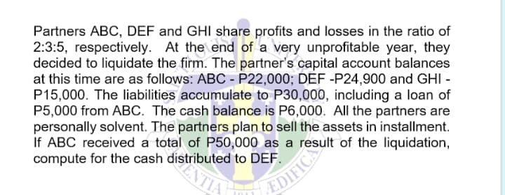 Partners ABC, DEF and GHI share profits and losses in the ratio of
2:3:5, respectively. At the end of a very unprofitable year, they
decided to liquidate the firm. The partner's capital account balances
at this time are as follows: ABC - P22,000; DEF -P24,900 and GHI -
P15,000. The liabilities accumulate to P30,000, including a loan of
P5,000 from ABC. The cash balance is P6,000. All the partners are
personally solvent. The partners plan to sell the assets in installment.
If ABC received a total of P50,000 as a result of the liquidation,
compute for the cash distributed to DEF.
ÆDIFICA Sult