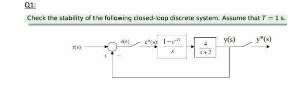 Q1:
Check the stability of the following closed-loop discrete system. Assume that T = 1 s.
e(s)
1-e
y(s)
y*(s)
r(s)
4
s+2
