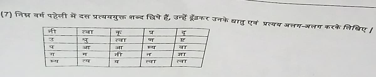 (7) निम्न वर्ग पहेली में दस प्रत्यययुक्त शब्द छिपे हैं, उन्हें ढूँढ़कर उनके धातु एवं प्रत्यय अलग-अलग करके लिखिए |
नी
त्वा
कृ
प्र
दृ
उ
श्रु
त्वा
ण
ष्ट
प
आ
आ
म्य
वा
ग
ग
नी
न
ज्ञा
म्य
त्य
य
त्वा
त्या