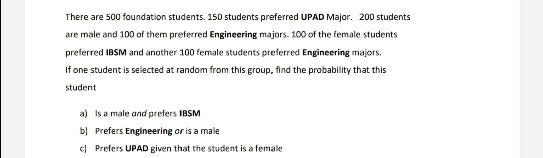 There are 500 foundation students. 150 students preferred UPAD Major. 200 students
are male and 100 of them preferred Engineering majors. 100 of the female students
preferred IBSM and another 100 female students preferred Engineering majors.
If one student is selected at random from this group, find the probability that this
student
