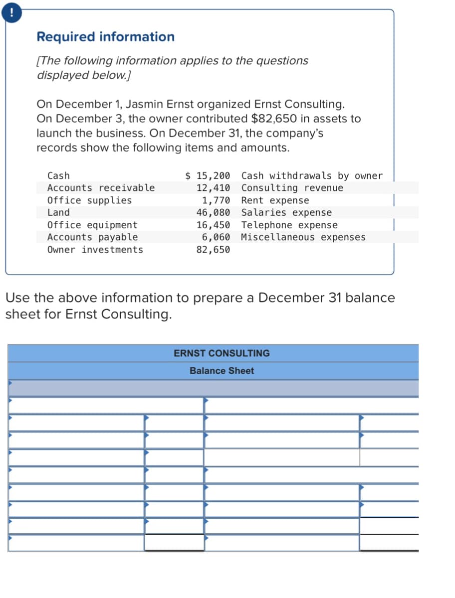 Required information
[The following information applies to the questions
displayed below.]
On December 1, Jasmin Ernst organized Ernst Consulting.
On December 3, the owner contributed $82,650 in assets to
launch the business. On December 31, the company's
records show the following items and amounts.
$ 15,200 Cash withdrawals by owner
12,410 Consulting revenue
1,770 Rent expense
46,080
16,450 Telephone expense
6,060 Miscellaneous expenses
82,650
Cash
Accounts receivable
Office supplies
Land
Salaries expense
Office equipment
Accounts payable
Owner investments
Use the above information to prepare a December 31 balance
sheet for Ernst Consulting.
ERNST CONSSULTING
Balance Sheet
