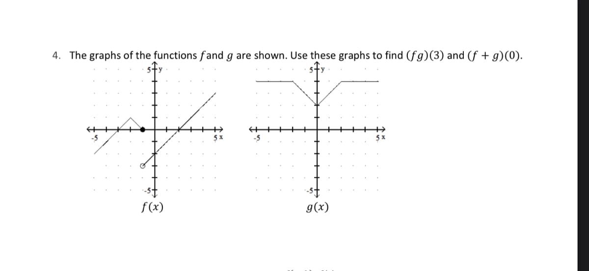 4. The graphs of the functions fand g are shown. Use these graphs to find (fg) (3) and (f + g)(0).
f(x)
9(x)