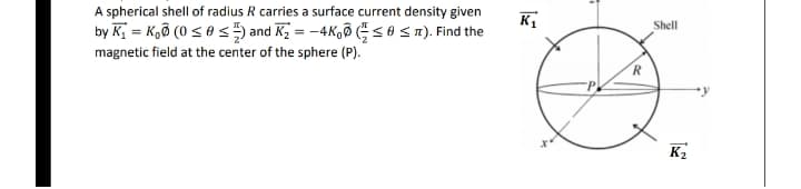 A spherical shell of radius R carries a surface current density given
by K = K,ð (0 < 0 s) and K = -4K,ô ; < 6 sT). Find the
magnetic field at the center of the sphere (P).
Shell
R.
K2
