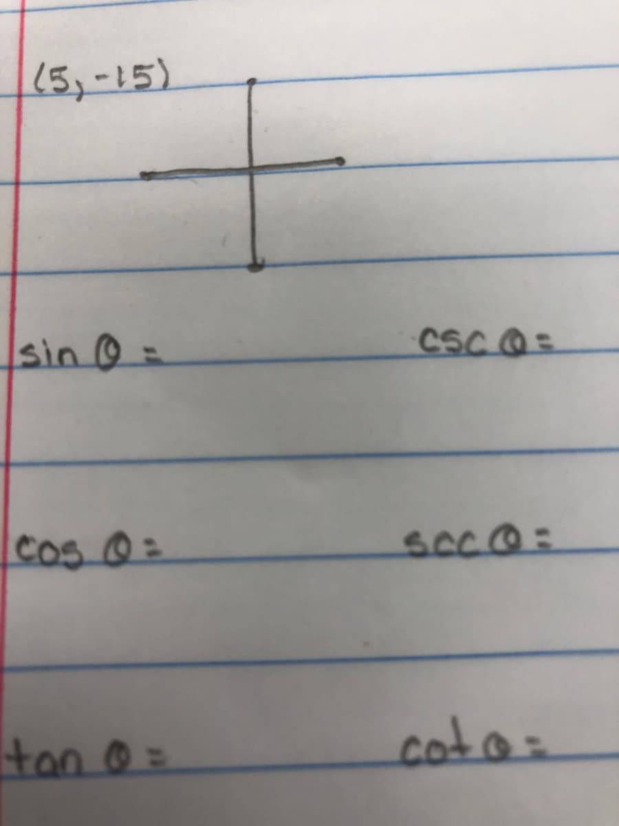 (5,-15)
sin =
CSC O=
Cos
tan 0=
cato:
