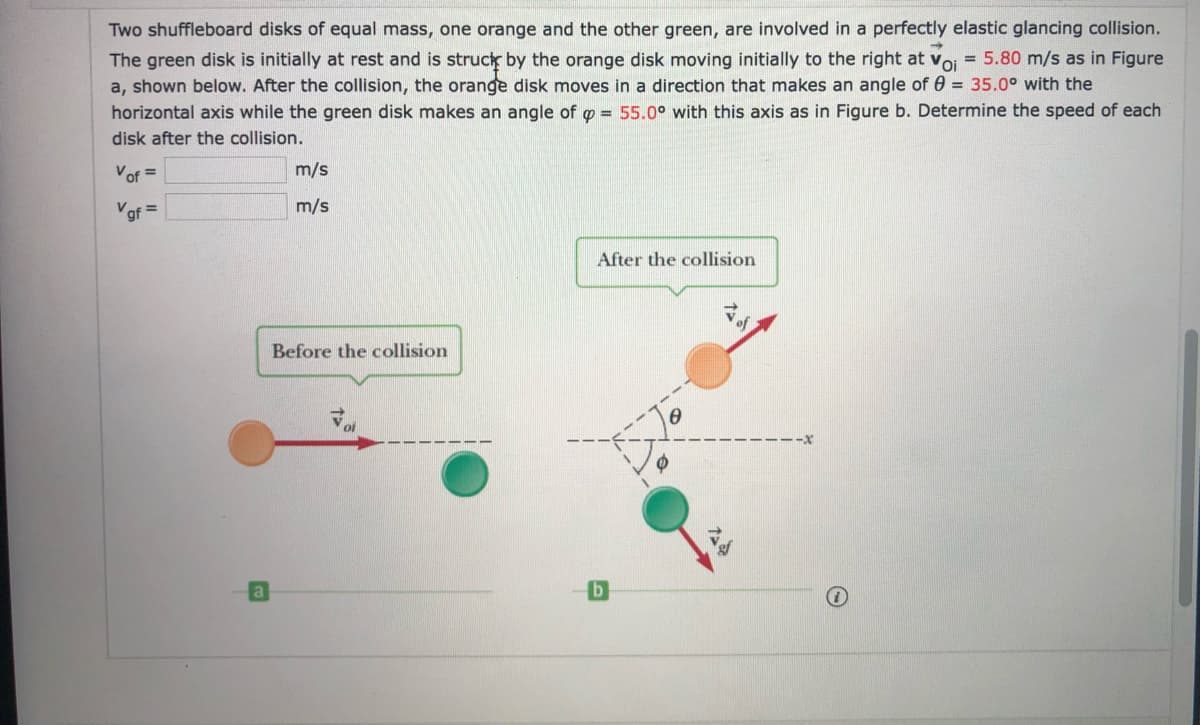 Two shuffleboard disks of equal mass, one orange and the other green, are involved in a perfectly elastic glancing collision.
The green disk is initially at rest and is struck by the orange disk moving initially to the right at voi = 5.80 m/s as in Figure
a, shown below. After the collision, the orange disk moves in a direction that makes an angle of 0 = 35.0° with the
horizontal axis while the green disk makes an angle of o = 55.0° with this axis as in Figure b. Determine the speed of each
disk after the collision.
Vof =
m/s
Vaf =
m/s
After the collision
Before the collision
b
