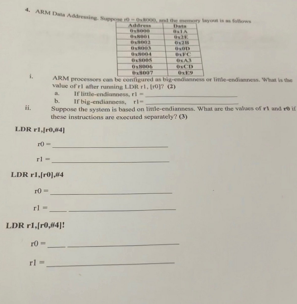 4. ARM Data Addressing. Suppose r0-0x8000, and the memory layout is as follows
Address
Data
0x8000
0x1A
0x8001
0x2E
0x8002
0x2B
0x8003
OxOD
0x8004
0xFC
0x8005
0xA3
0x8006
0xCD
0x8007
0xE9
i.
ii.
ARM processors can be configured as big-endianness or little-endianness. What is the
value of rl after running LDR r1, [ro]? (2)
a.
b.
If little-endianness, rl =
If big-endianness, rl=
Suppose the system is based on little-endianness. What are the values of r1 and r0 if
these instructions are executed separately? (3)
LDR r1,[r0,#4]
r0=
rl=
LDR r1,[r0],#4
ro
r1 =
LDR r1,[r0,#4]!
r0=
rl =