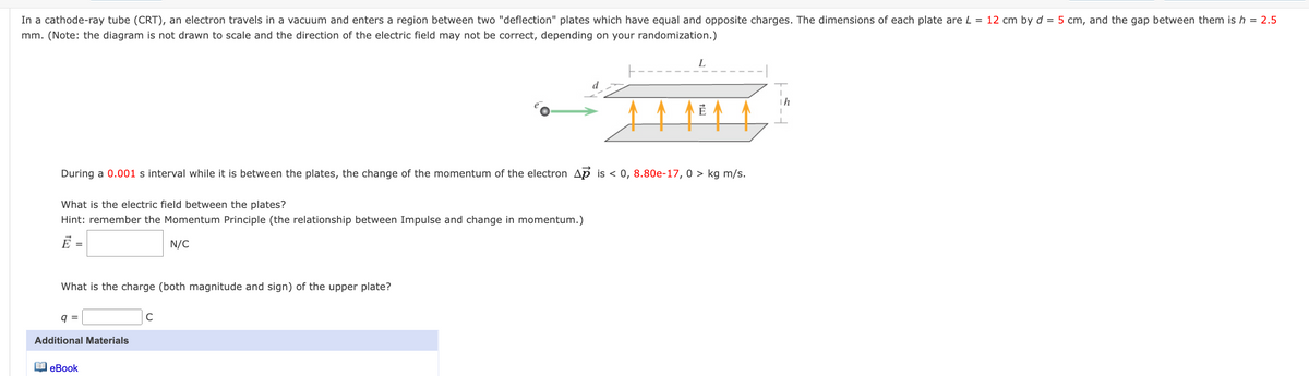 In a cathode-ray tube (CRT), an electron travels in a vacuum and enters a region between two "deflection" plates which have equal and opposite charges. The dimensions of each plate are L = 12 cm by d = 5 cm, and the gap between them ish = 2.5
mm. (Note: the diagram is not drawn to scale and the direction of the electric field may not be correct, depending on your randomization.)
L
During a 0.001 s interval while it is between the plates, the change of the momentum of the electron Ap is < 0, 8.80e-17, 0 > kg m/s.
What is the electric field between the plates?
Hint: remember the Momentum Principle (the relationship between Impulse and change in momentum.)
E =
N/C
What is the charge (both magnitude and sign) of the upper plate?
q =
Additional Materials
I eBook
