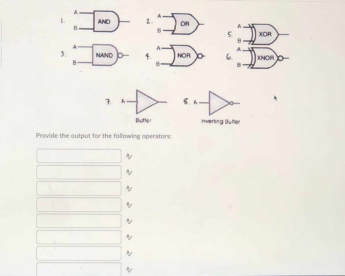 A-
1.
AND
2.
OR
A
B•
5.
XOR
A
A-
3.
NAND
4.
NOR O
6.
XNORO
B
7.
8. A.
Butter
Inverting Butter
Provide the output for the following operators:
