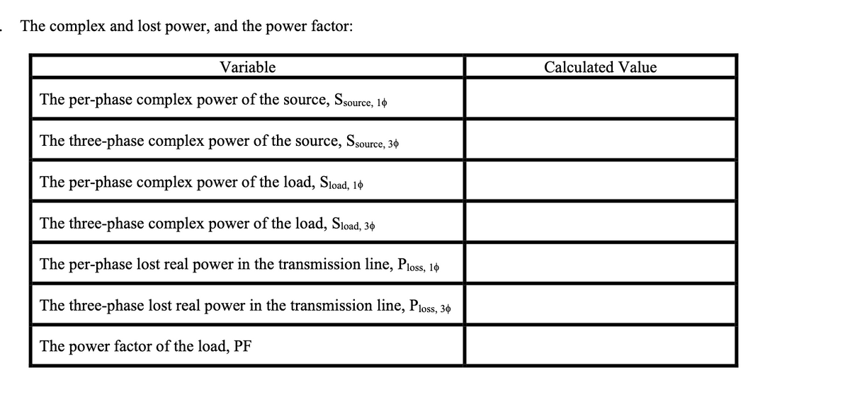 The complex and lost power,
and the power
factor:
Variable
The per-phase complex power of the source, Ssource, 16
The three-phase complex power of the source, Ssource, 3
The per-phase complex power of the load, Sload, 16
The three-phase complex power of the load, Sload, 30
The per-phase lost real power in the transmission line, Ploss, 1
The three-phase lost real power in the transmission line, Ploss, 34
The power factor of the load, PF
Calculated Value