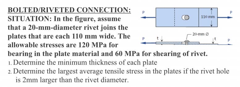 BOLTED/RIVETED CONNECTION:
SITUATION: In the figure, assume
that a 20-mm-diameter rivet joins the
plates that are each 110 mm wide. The
allowable stresses are 120 MPa for
20-mm Ø
VE
P
bearing in the plate material and 60 MPa for shearing of rivet.
1. Determine the minimum thickness of each plate
2. Determine the largest average tensile stress in the plates if the rivet hole
is 2mm larger than the rivet diameter.
O
110 mm