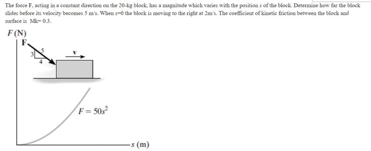 The force F, acting in a constant direction on the 20-kg block, has a magnitude which varies with the position s of the block. Determine how far the block
slides before its velocity becomes 5 m/s. When s=0 the block is moving to the right at 2m/s. The coefficient of kinetic friction between the block and
surface is Mk= 0.3.
F (N)
F.
F = 505?
-s (m)
