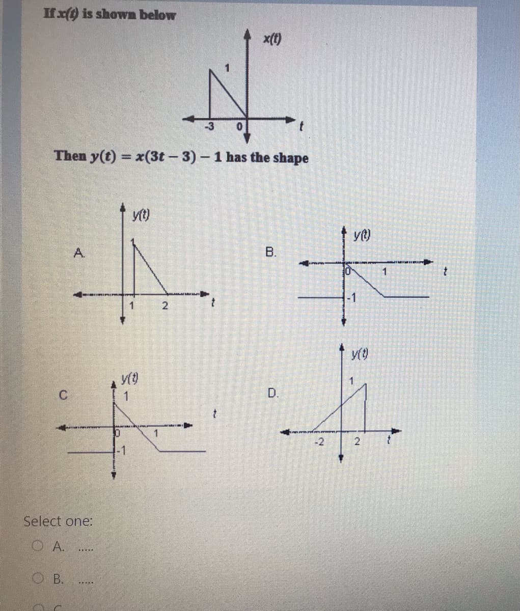 If x() is shown below
x(t)
Then y(t) = x(3t- 3)-1 has the shape
A.
B.
1.
1.
1
D.
1
-2
-1
Select one:
O A.
O B.
