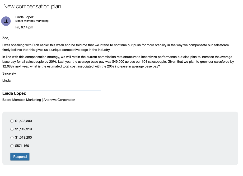 New compensation plan
LL
Linda Lopez
Board Member, Marketing
Fri, 6:14 pm
Zoe,
I was speaking with Rich earlier this week and he told me that we intend to continue our push for more stability in the way we compensate our salesforce. I
firmly believe that this gives us a unique competitive edge in the industry.
In line with this compensation strategy, we will retain the current commission rate structure to incentivize performance but also plan to increase the average
base pay for all salespeople by 20%. Last year the average base pay was $49,000 across our 104 salespeople. Given that we plan to grow our salesforce by
12.08% next year, what is the estimated total cost associated with the 20% increase in average base pay?
Sincerely,
Linda
Linda Lopez
Board Member, Marketing | Andrews Corporation
O $1,528,800
O $1,142,319
O $1,019,200
O $571,160
Respond