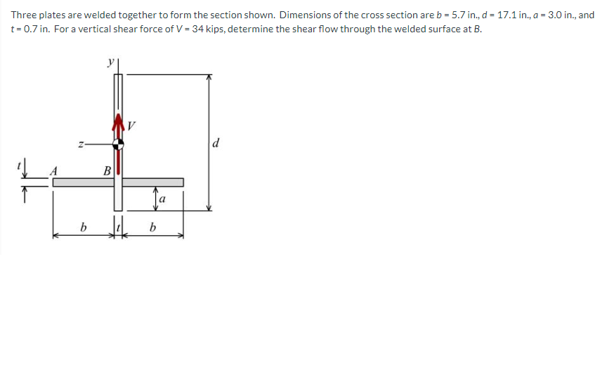 Three plates are welded together to form the section shown. Dimensions of the cross section are b = 5.7 in., d = 17.1 in., a = 3.0 in., and
t= 0.7 in. For a vertical shear force of V = 34 kips, determine the shear flow through the welded surface at B.
d
B
b.
