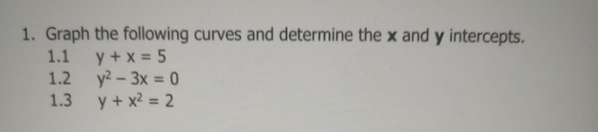 1. Graph the following curves and determine the x and y intercepts.
y + x = 5
1.2 y-3x = 0
y + x? = 2
1.1
1.3
