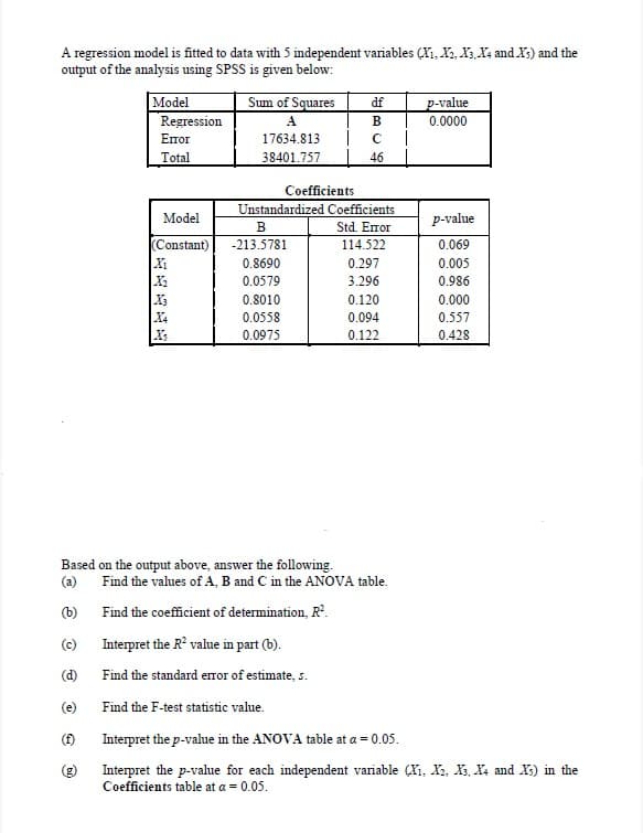 A regression model is fitted to data with 5 independent variables (X1, X2, X3 X4 and X;) and the
output of the analysis using SPSS is given below:
Model
Regression
Sum of Squares
df
p-value
A
В
0.0000
Еmor
17634.813
Total
38401.757
46
Coefficients
Unstandardized Coefficients
Model
p-value
Std. Error
114.522
B
(Constant)
-213.5781
0.069
0.8690
0.297
0.005
0.0579
3.296
0.986
0.8010
0.120
0.000
X4
0.0558
0.094
0.557
0.0975
0.122
0.428
Based on the output above, answer the following.
(a)
Find the values of A, B and C in the ANOVA table.
(b) Find the coeffñcient of determination, R°.
(c)
Interpret the R° value in part (b).
(d)
Find the standard eror of estimate, s.
(e)
Find the F-test statistic value.
(f)
Interpret the p-value in the ANOVA table at a = 0.05.
(g)
Interpret the p-value for each independent variable (Xı, X2, X3, X4 and X3) in the
Coefficients table at a = 0.05.
