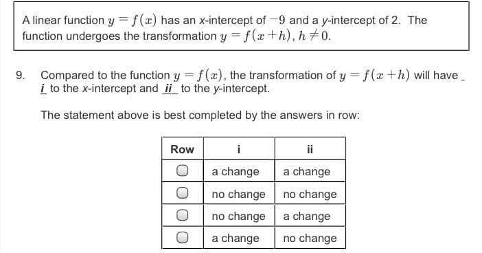 A linear function y = f(x) has an x-intercept of -9 and a y-intercept of 2. The
function undergoes the transformation y = f(x+h), h +0.
Compared to the function y = f (x), the transformation of y = f (x +h) will have _
i to the x-intercept and ii _to the y-intercept.
9.
The statement above is best completed by the answers in row:
Row
i
ii
a change
a change
no change
no change
no change
a change
a change
no change
