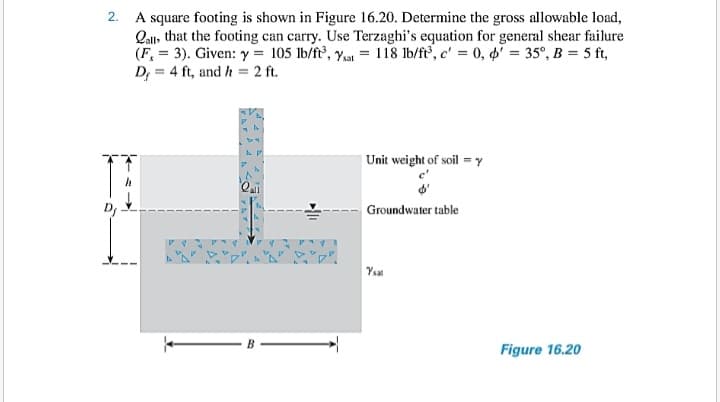 2. A square footing is shown in Figure 16.20. Determine the gross allowable load,
Qall, that the footing can carry. Use Terzaghi's equation for general shear failure
(F, = 3). Given: y = 105 lb/ft, Yat = 118 lb/ft, c' 0, = 35°, B = 5 ft,
D; = 4 ft, and h = 2 ft.
Unit weight of soil = y
Groundwater table
Yat
B
Figure 16.20
