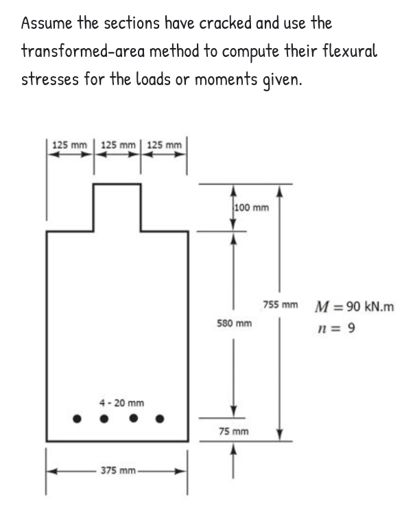 Assume the sections have cracked and use the
transformed-area method to compute their flexural
stresses for the loads or moments qiven.
|125 mm 125 mm | 125 mm
100 mm
755 mm M = 90 kN.m
580 mm
n = 9
4- 20 mm
75 mm
375 mm-
