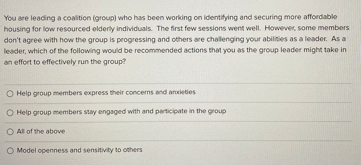 You are leading a coalition (group) who has been working on identifying and securing more affordable
housing for low resourced elderly individuals. The first few sessions went well. However, some members
don't agree with how the group is progressing and others are challenging your abilities as a leader. As a
leader, which of the following would be recommended actions that you as the group leader might take in
an effort to effectively run the group?
O Help group members express their concerns and anxieties
O Help group members stay engaged with and participate in the group
O All of the above
O Model openness and sensitivity to others
