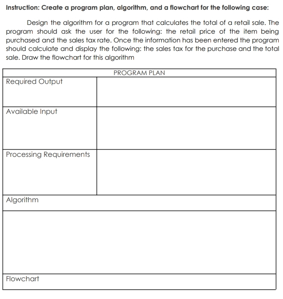 Instruction: Create a program plan, algorithm, and a flowchart for the following case:
Design the algorithm for a program that calculates the total of a retail sale. The
program should ask the user for the following: the retail price of the item being
purchased and the sales tax rate. Once the information has been entered the program
should calculate and display the following: the sales tax for the purchase and the total
sale. Draw the flowchart for this algorithm
PROGRAM PLAN
Required Output
Available Input
Processing Requirements
Algorithm
Flowchart
