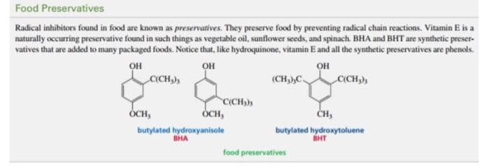 Food Preservatives
Radical inhibitors found in food are known as preservatives. They preserve food by preventing radical chain reactions. Vitamin E is a
naturally occurring preservative found in such things as vegetable oil, sunflower seeds, and spinach. BHA and BHT are synthetic preser-
vatives that are added to many packaged foods. Notice that, like hydroquinone, vitamin E and all the synthetic preservatives are phenols.
он
CICH)s
он
он
CICH),
(CH,,C.
C(CH)
ÓCH,
ÓCH,
CH,
butylated hydroxyanisole
BHA
butylated hydroxytoluene
BHT
food preservatives
