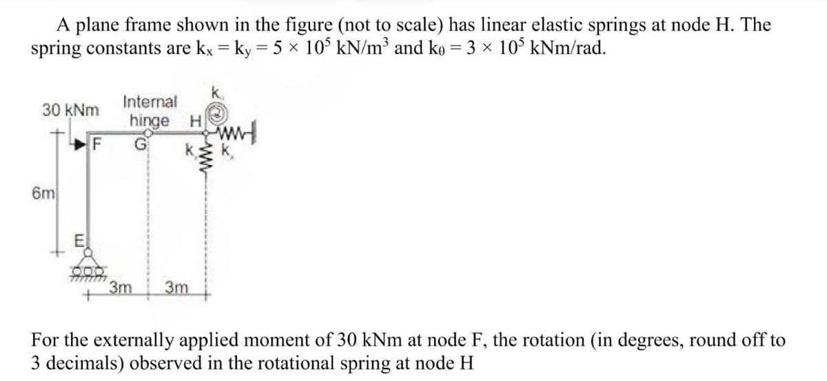 A plane frame shown in the figure (not to scale) has linear elastic springs at node H. The
spring constants are kx = ky = 5 x 105 kN/m³ and ke = 3 × 105 kNm/rad.
30 kNm
6m
F
Internal
hinge
G
H
k
3m 3m
www
For the externally applied moment of 30 kNm at node F, the rotation (in degrees, round off to
3 decimals) observed in the rotational spring at node H