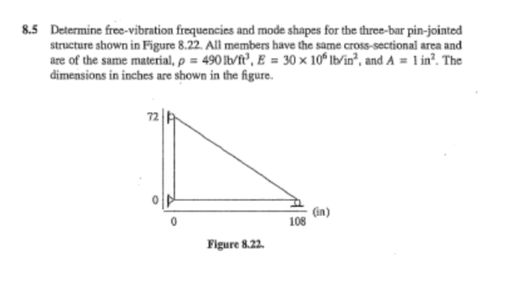 8.5 Determine free-vibration frequencies and mode shapes for the three-bar pin-jointed
structure shown in Figure 8.22. All members have the same cross-sectional area and
are of the same material, p = 490 lb/ft³, E = 30 × 10 lb/in², and A = 1 in². The
dimensions in inches are shown in the figure.
72
(in)
108
0
Figure 8.22.