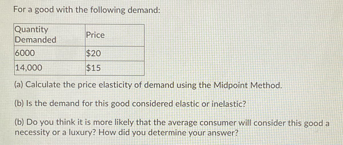 For a good with the following demand:
Quantity
Demanded
Price
6000
$20
14,000
$15
(a) Calculate the price elasticity of demand using the Midpoint Method.
(b) Is the demand for this good considered elastic or inelastic?
(b) Do you think it is more likely that the average consumer will consider this good a
necessity or a luxury? How did you determine your answer?
