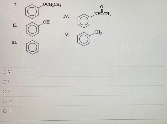 I.
OCH,CH3
NHCCH3
IV.
он
П.
CH3
V.
III.
O IV
O II
