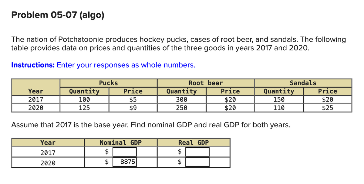 Problem 05-07 (algo)
The nation of Potchatoonie produces hockey pucks, cases of root beer, and sandals. The following
table provides data on prices and quantities of the three goods in years 2017 and 2020.
Instructions: Enter your responses as whole numbers.
Year
2017
2020
Pucks
Year
2017
2020
Price
$20
Quantity
150
110
$20
Assume that 2017 is the base year. Find nominal GDP and real GDP for both years.
Quantity
100
125
Price
$5
$9
Nominal GDP
$
$
Root beer
8875
Quantity
300
250
Sandals
Real GDP
$
$
Price
$20
$25