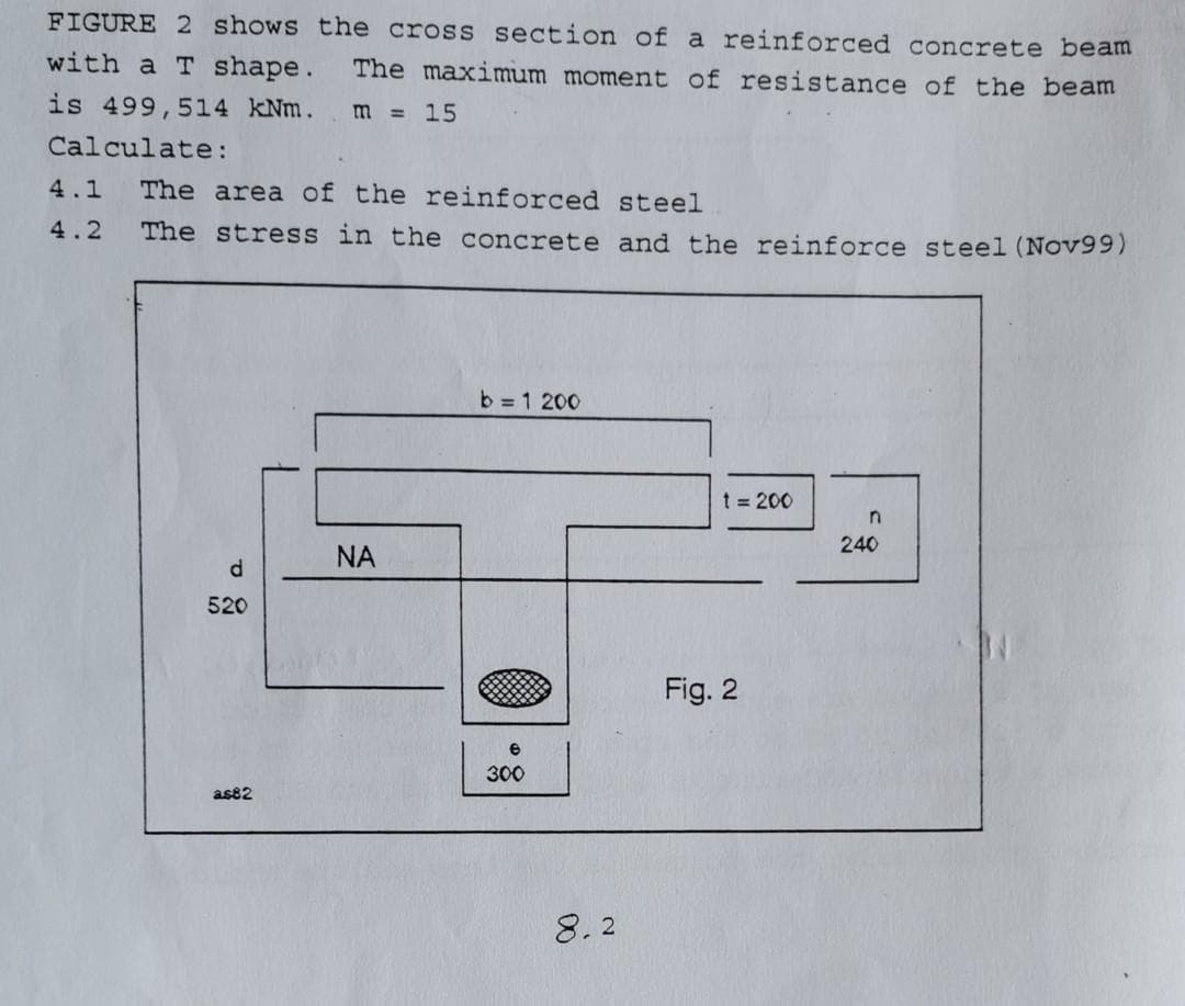 FIGURE 2 shows the cross section of a reinforced concrete beam
with a T shape. The maximum moment of resistance of the beam
is 499,514 kNm.
m = 15
Calculate:
4.1
The area of the reinforced steel
4.2
The stress in the concrete and the reinforce steel (Nov99)
b = 1 200
t = 200
240
NA
d.
520
Fig. 2
300
as82
8.2
