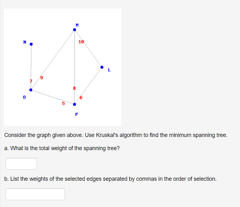 18
N
Consider the graph given above. Use Kruskal's algorithm to find the minimum spanning tree.
a. What is the total weight of the spanning tree?
b. List the weights of the selected edges separated by commas in the order of selection.
