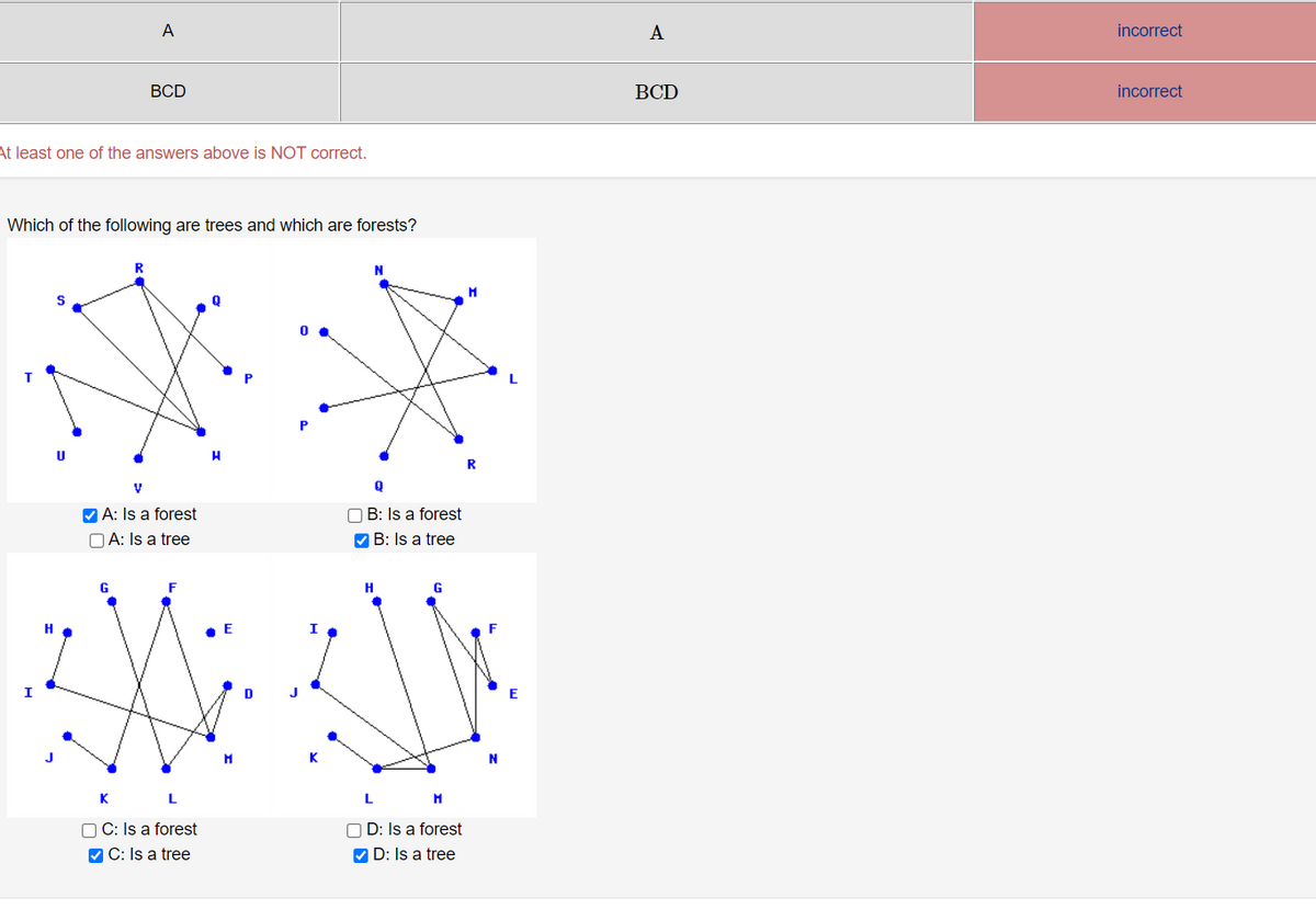 A
A
incorrect
ВCD
ВCD
incorrect
At least one of the answers above is NOT correct.
Which of the following are trees and which are forests?
R
MA: Is a forest
O B: Is a forest
O A: Is a tree
V B: Is a tree
G
F
G
I
J
K
K L
O C: Is a forest
M C: Is a tree
O D: Is a forest
V D: Is a tree
