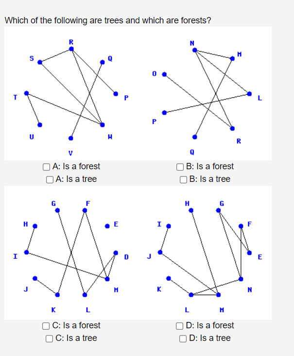 Which of the following are trees and which are forests?
R
N
R
A: Is a forest
OA: Is a tree
|B: Is a forest
|B: Is a tree
G
F
H
G
H
I.
I
E
K
к
L
O C: Is a forest
O C: Is a tree
D: Is a forest
D: Is a tree
