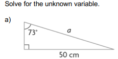 Solve for the unknown variable.
a)
73°
50 cm
