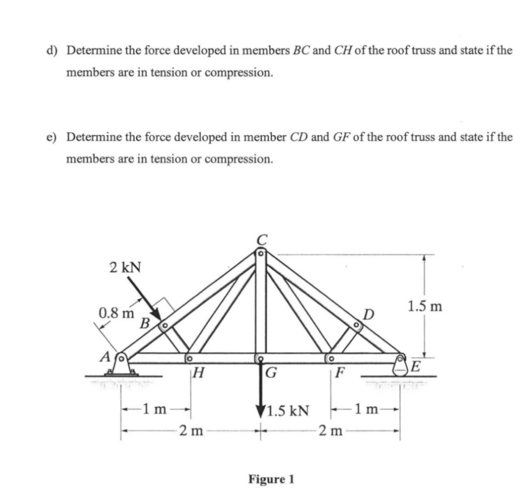 d) Determine the force developed in members BC and CH of the roof truss and state if the
members are in tension or compression.
e) Determine the force developed in member CD and GF of the roof truss and state if the
members are in tension or compression.
2 kN
0.8 m
A
B
-1 m
O
H
2 m
G
1.5 kN
Figure 1
O
F
2 m
1 m
1.5 m