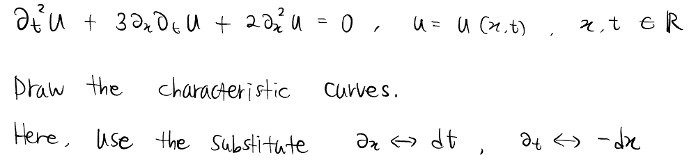 at² + 32₂dEU + 22₂2² U = 0,
Draw the
Here, use the Substitute
characteristic
curves.
U=U (2₁t) 2, t ER
дж <dt
)
2+ < dr